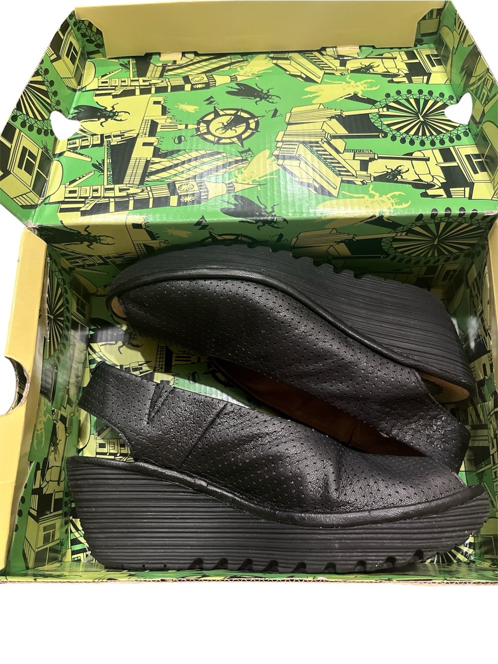 Fly London Black Perforated Platform Slingback Mules